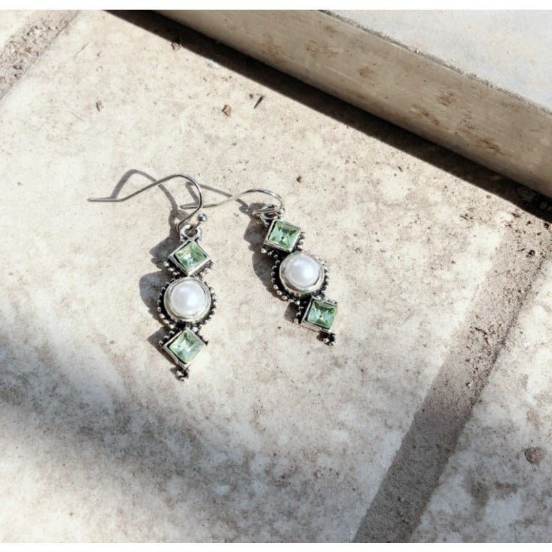 Wholesale S925 Plated Vintage Silver Pearl Square Diamond Long Earrings