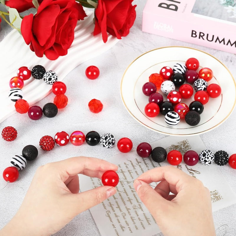 Wholesale Whaline 50Pcs 20mm Red Cow Beads 12 Styles Mixed Bubblegum Beads Set Red Black Spacer Bead Chunky Beads Jumbo Plastic Beads for Crafts and Jewelry Making Boutique Craft Supplies