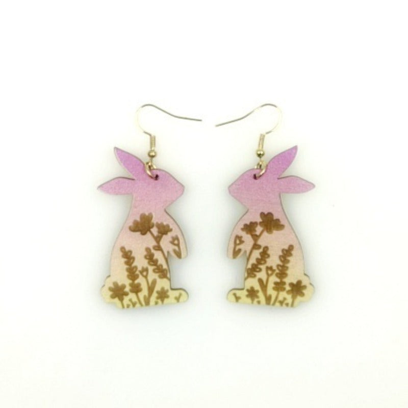 Wholesale Creative Rabbit Cutting Wood Carving Printing Gradient Earrings