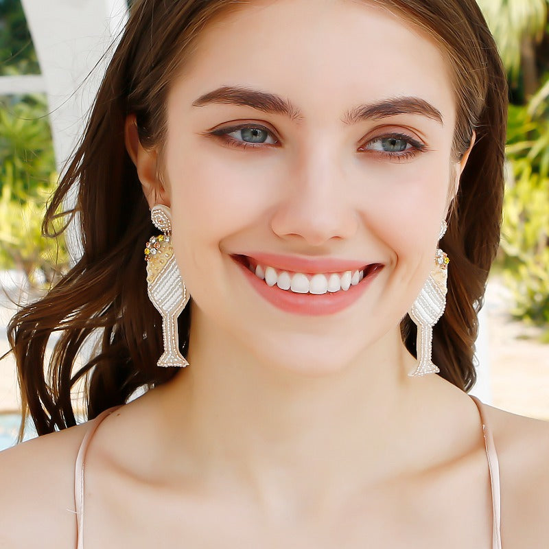 Wholesale Champagne Glass Handmade Retro Creative Long Rice Bead Earrings