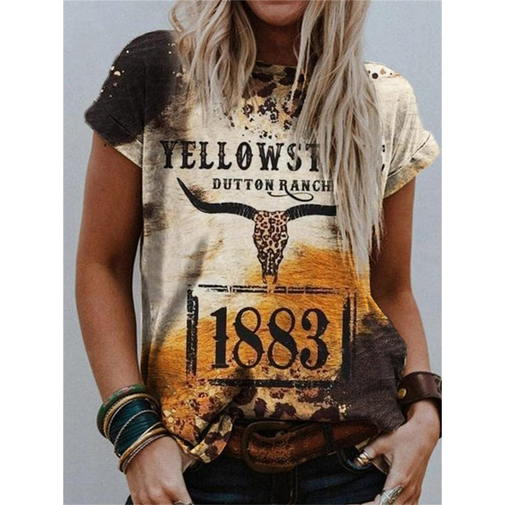 Wholesale Polyester Round Neck Printed Short Sleeved Loose Western Style Women's T-shirts