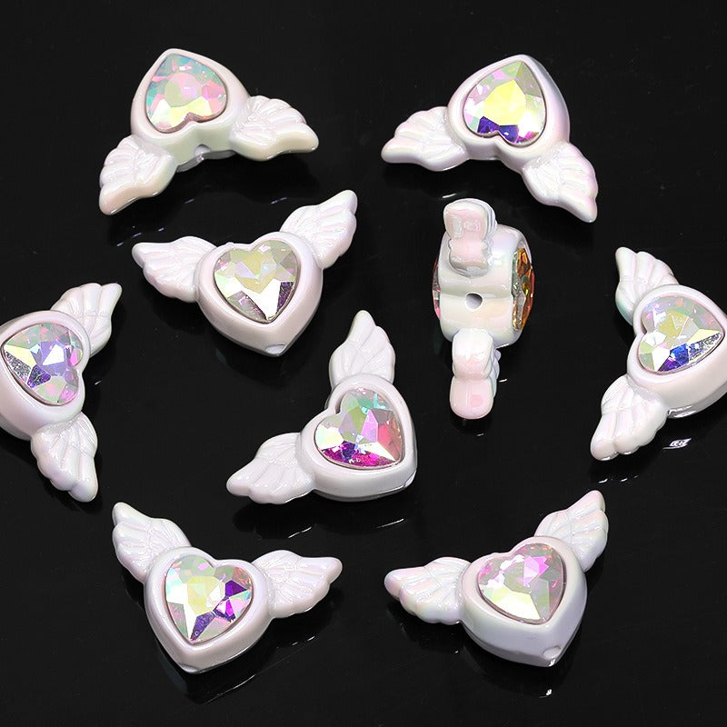 Wholesale 25pcs Double-sided Diamond Wings Love Heart Plated Acrylic Peach Heart Beads