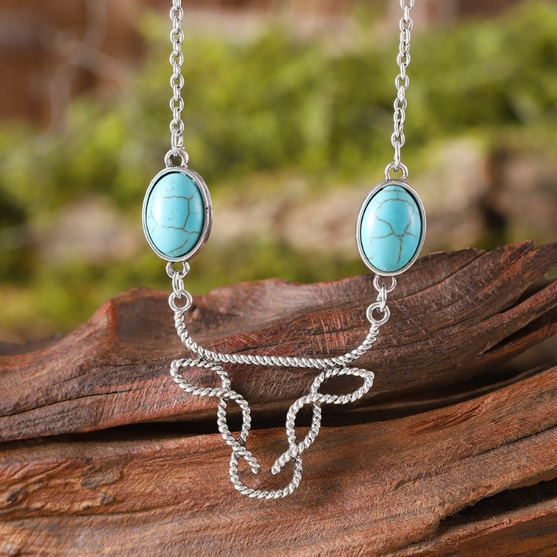 Wholesale Inlaid Turquoise Bull Head Bohemian Hollow Line Niche Simple Necklaces