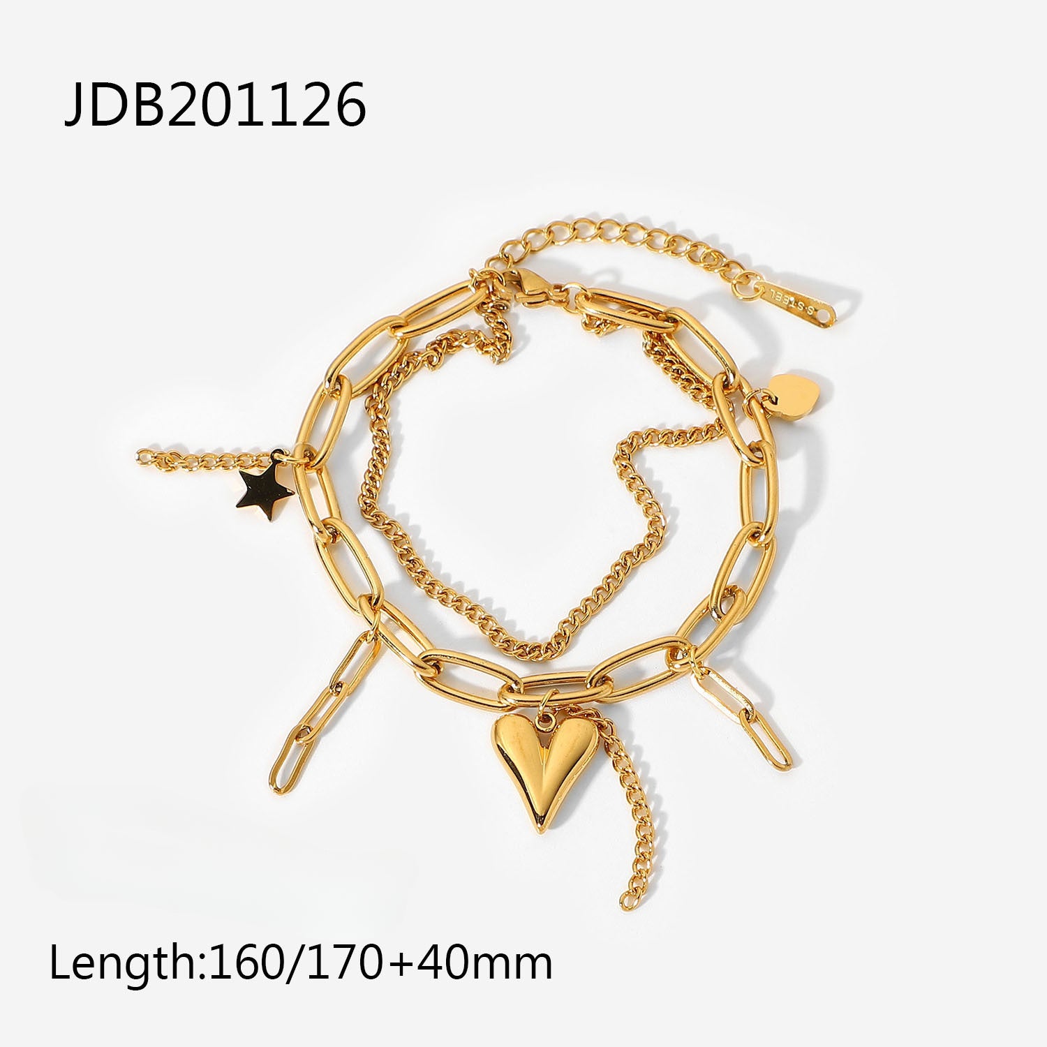 Wholesale 18K Electroplating Stainless Steel Gold Three-dimensional Love Star Pendant Double Layer Bracelet