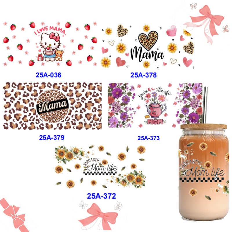 Wholesale 1pcs/5pcs Mother's Day Sunflower Cartoon Pink Cat Heart 16 Oz Cup UV DTF Wraps OLY Exclusive