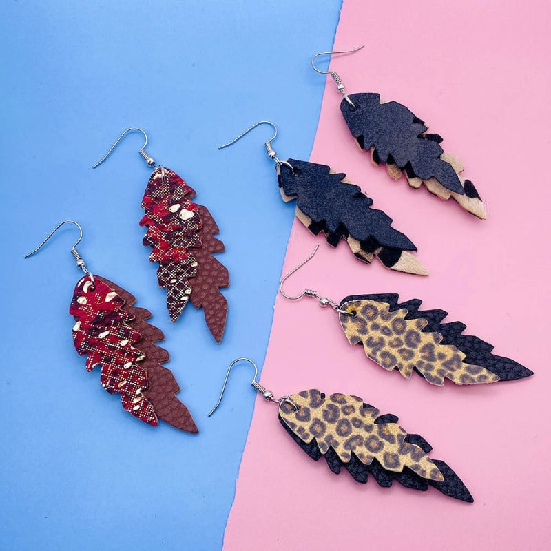 Wholesale Leopard Print Leaf Shaped Leather Earrings