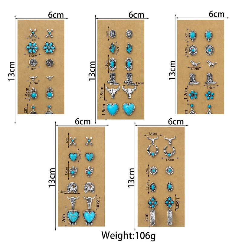 Wholesale Retro Ethnic Style Turquoise Flower Denim Cactus Alloy Earrings