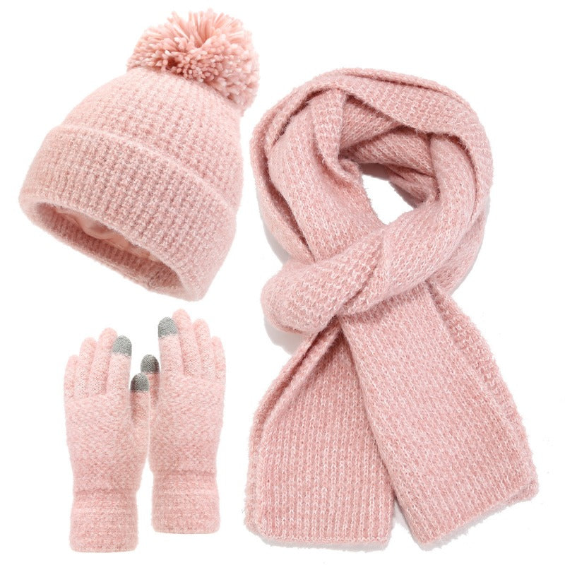 Wholesale Coarse Grain Big Fur Ball Hat Set Autumn and Winter Thick Warm Simple Cold-proof Three-piece Set