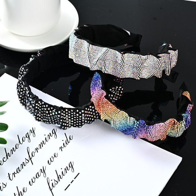 Wholesale Colorful Pleated Full Diamond Sparkling and Dazzling Personality High-end Wide Edge Headband