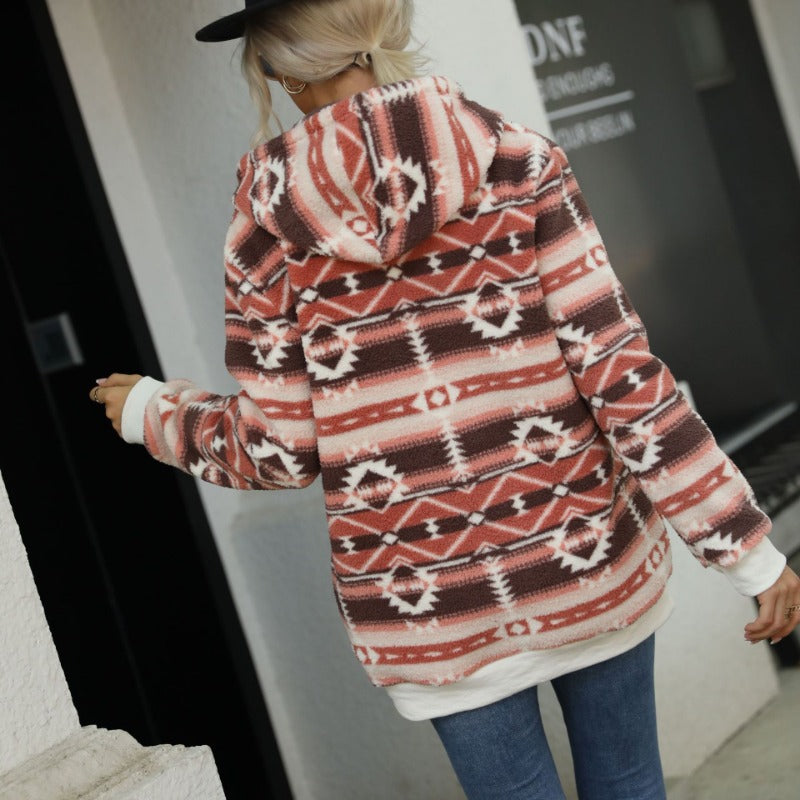Wholesale Autumn and Winter Women's Aztec Hooded Half-Zip Pullover Sweatshirt