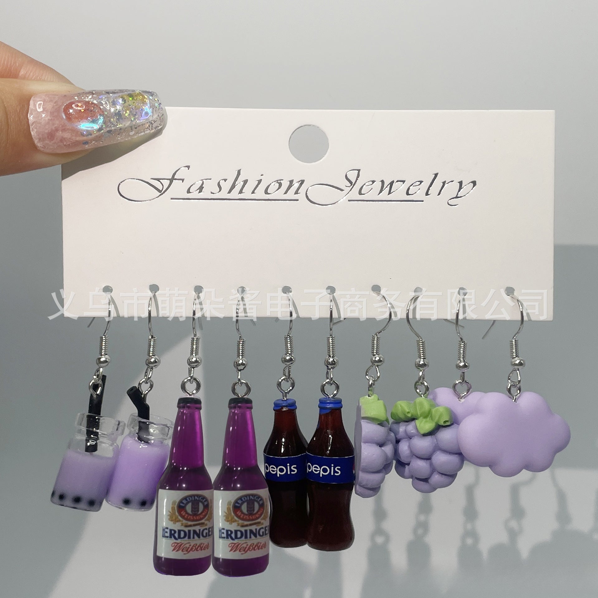 Wholesale 5pcs/pack Funny Frog Goldfish Simulated Food Play Cake Grape Peach Daisy Creative Earring Set