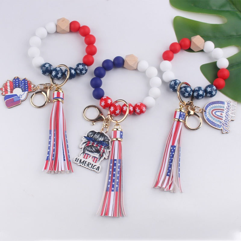 Wholesale American Independence Day Silicone Beaded Wrist Keychain