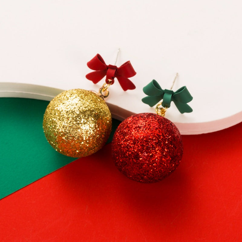 Wholesale Christmas Creative Bow Ball Glitter Powder Asymmetrical Earrings