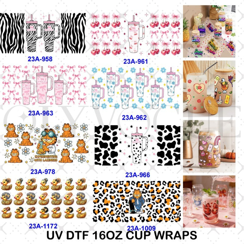 Wholesale 1pcs/5pcs  Cartoon Cherry Bow Cat  Cow Print 16oz Cup UV DTF Wraps OLY Exclusive