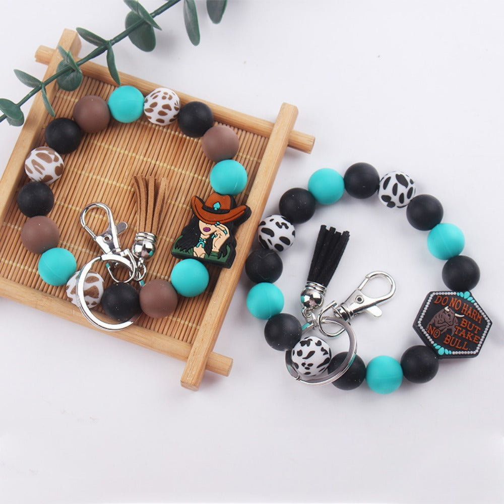 Wholesale Cartoon Western Style Cow Head Silicone Beaded Wrist Keychain