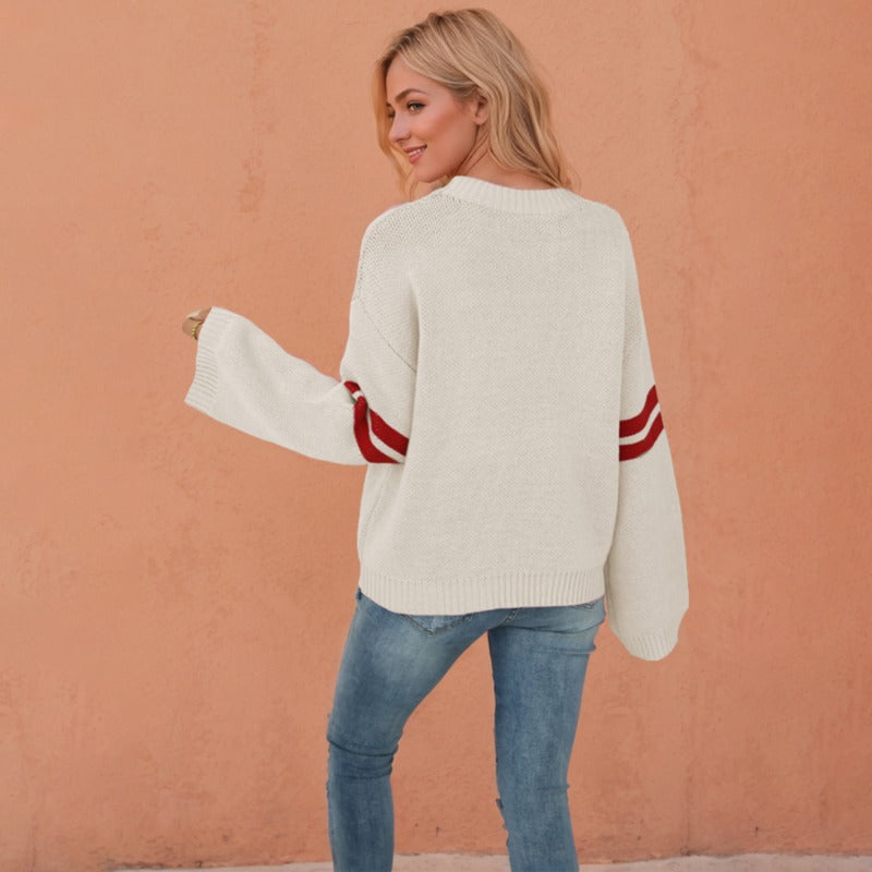 Wholesale Valentine's Day Contrast Color Heart Peach Round Neck Knit Sweater