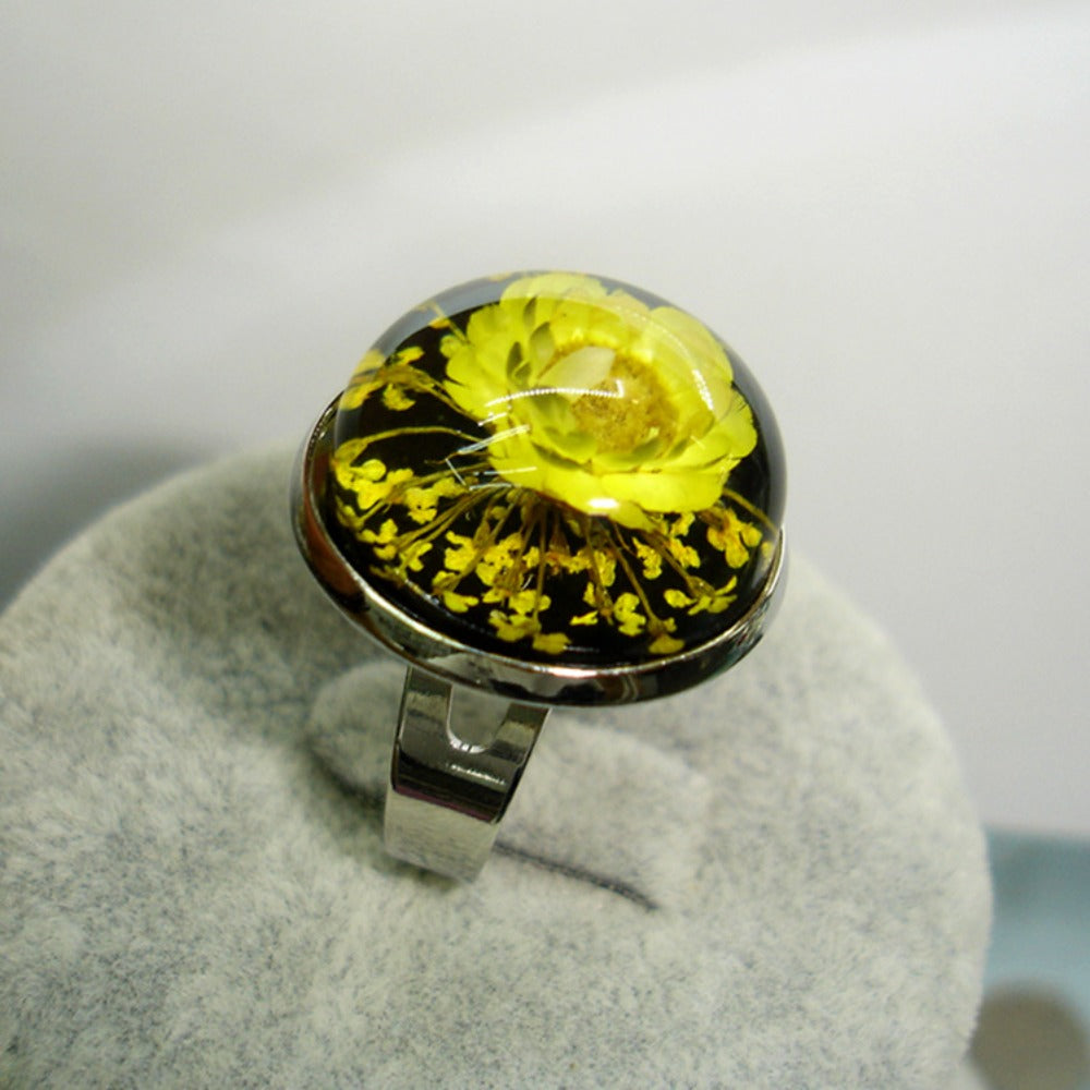 Wholesale 6pcs Handmade Vintage Real Flower Resin Dripping Dried Flower Ring