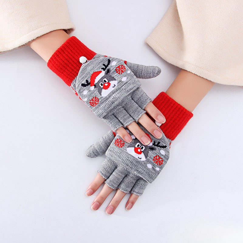 Wholesale Christmas Winter Half Finger Flip-up Cold-proof Warm Knitted Gloves