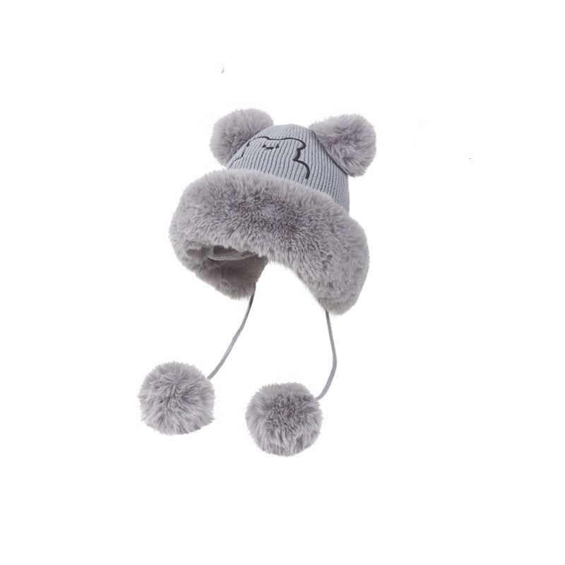 Wholesale 2023 Winter New Knitted Plus Velvet Embroidery Bear Fur Ball Acrylic Thermal Hat