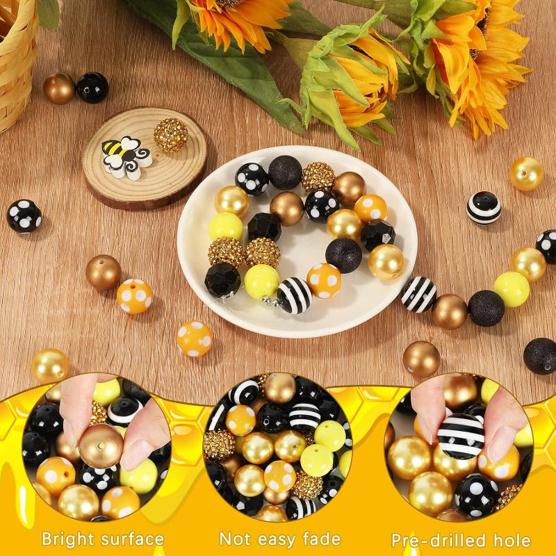 Wholesale Whaline 50Pcs 20mm Bee Theme Beads 10 Styles Mixed Bubblegum Beads Set Yellow Black Spacer Bead Chunky Beads Jumbo Plastic Beads for Crafts and Jewelry Making Boutique Craft Supplies