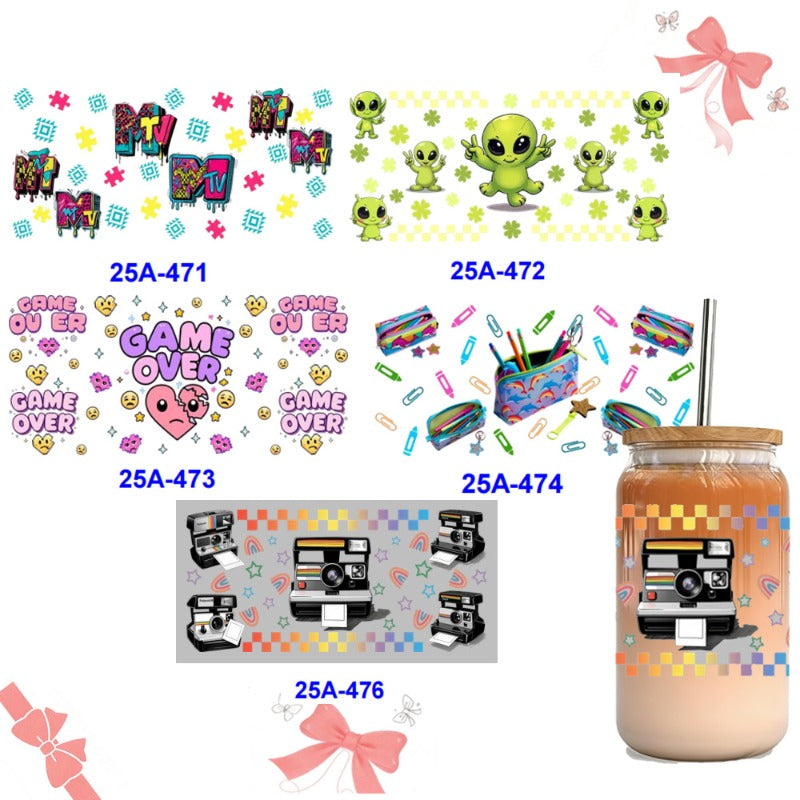 Wholesale 1pcs/5pcs Alien Cartoon Alphabet Stationery Camera Pink Heart Emoji 16 Oz Cup UV DTF Wraps