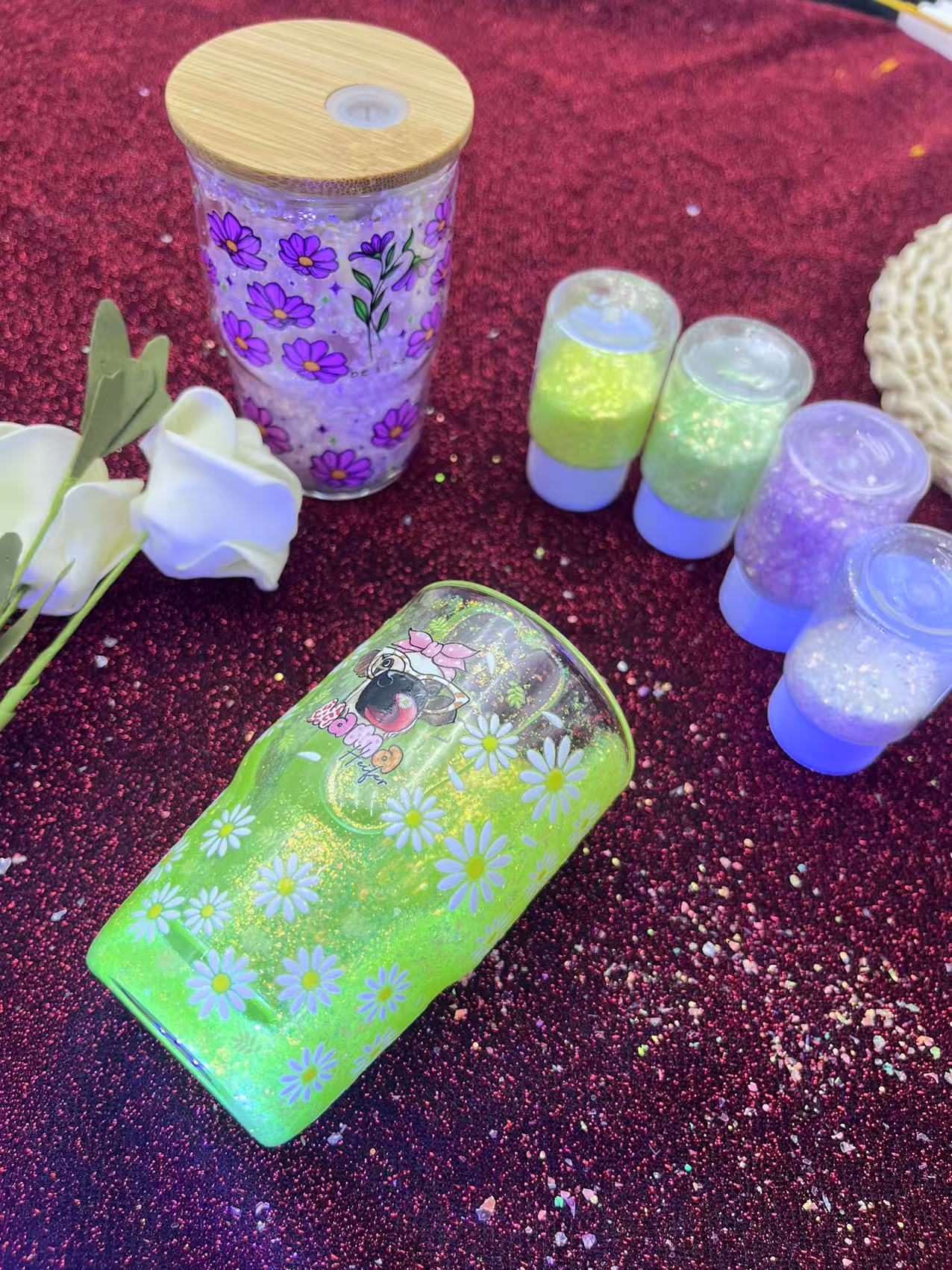 Wholesale Snowgloble 3oz Double Layer Shot Glass One Sets Including One Snowgoble Glass and 3 Boxes Gravel Glitter Filler and One Straw and One Funnel Filling Tool and One Piece Random Style Matching UVdtf Sticker Sets