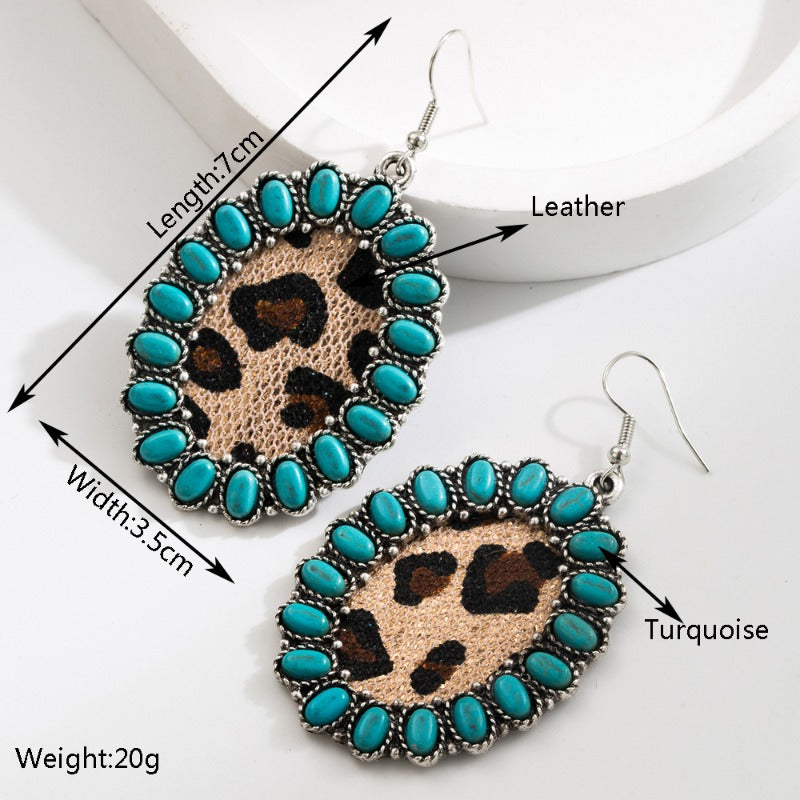 Wholesale Fashion Retro Bohemian Turquoise Leopard Ethnic Style Long Earrings