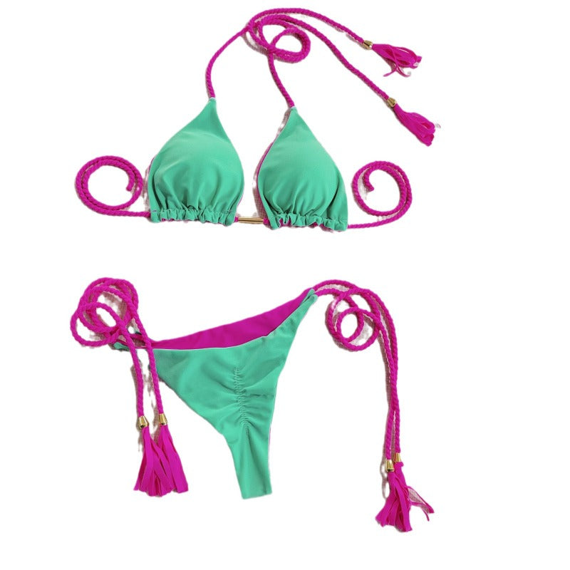 Wholesale Split Sexy Triangle Double-sided Contrast Color Beach Swimsuit