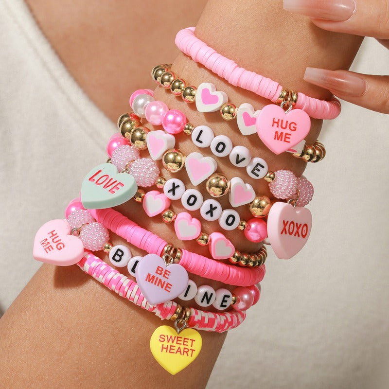 Wholesale Valentine's Day Polymer Clay Pink Series Love Heart Bracelet Set