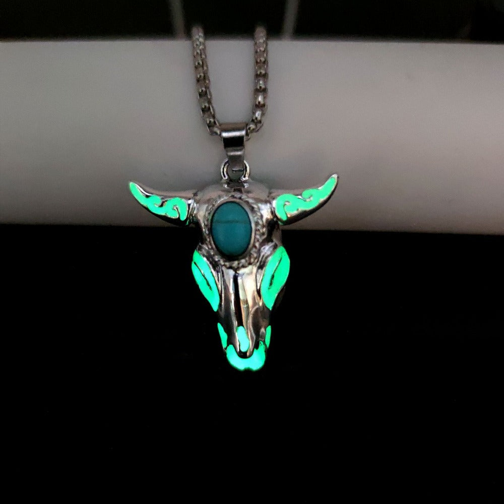 Wholesale Turquoise Skull Bull Head Stainless Steel Luminous Pendant Necklace