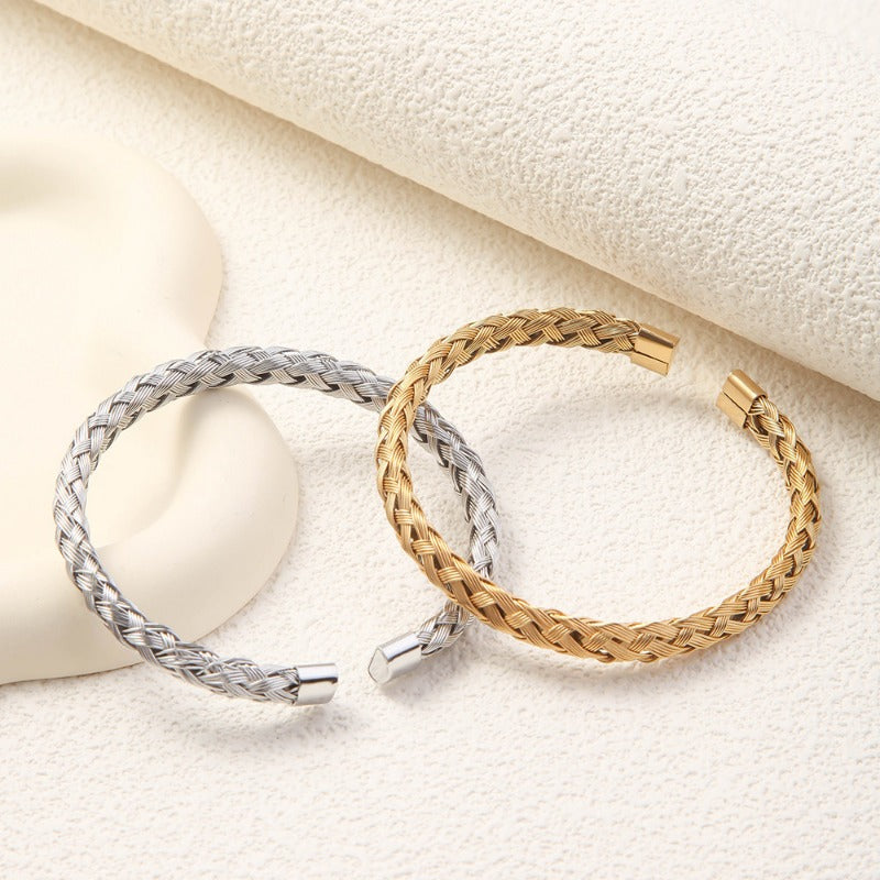 Wholesale Woven Open Adjustable Stainless Steel C-shaped Gold Bracelet