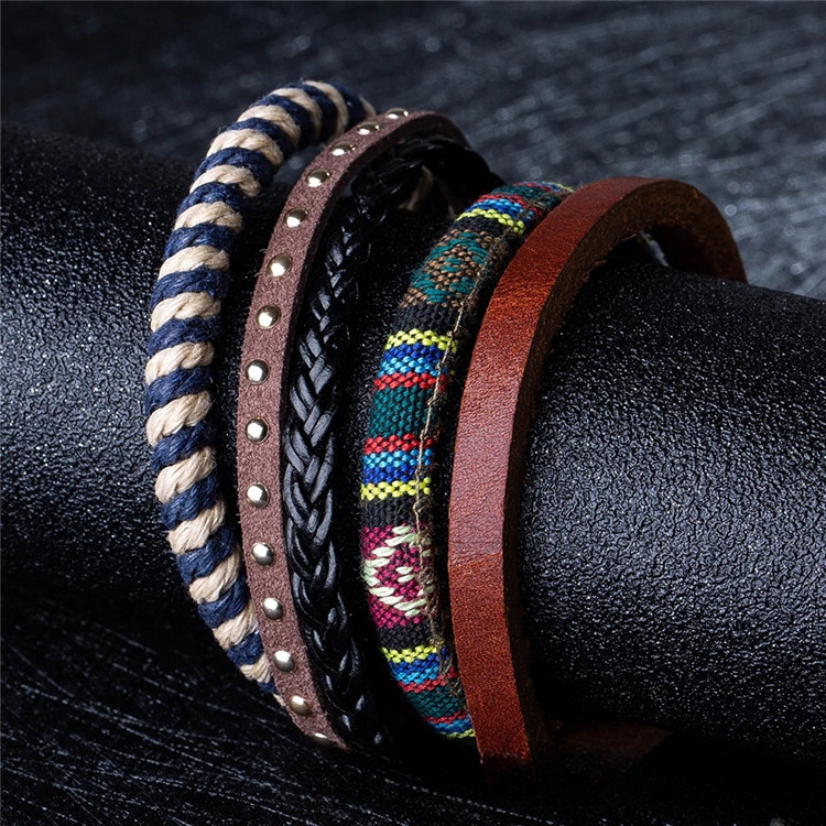 Wholesale Nepalese Handmade Wooden Beads Leather Multi-layer Woven Bracelet Set