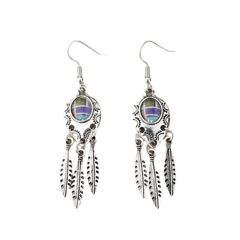Wholesale Retro Style Feather Alloy Drip Glue Long Bohemian Ladies Fashion Earrings