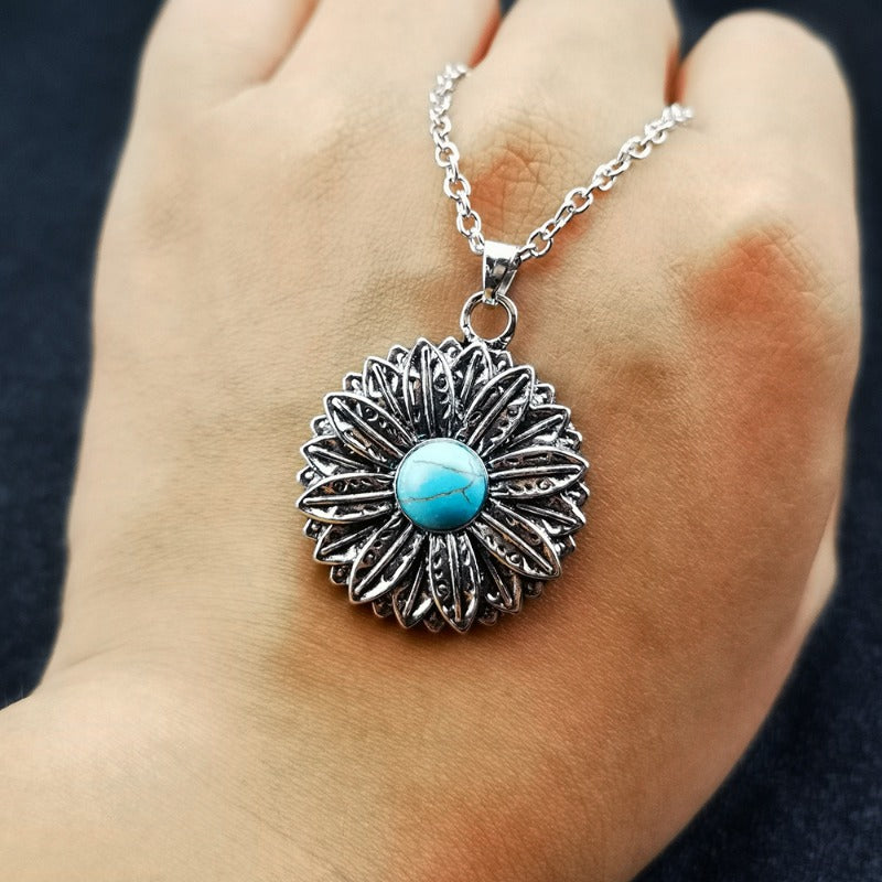 Wholesale Vintage Boho Blue Turquoise Sunflower Necklace