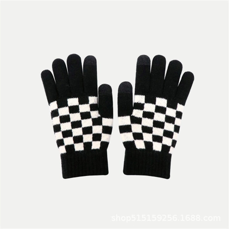Wholesale Checkerboard Winter Plus Velvet Thick Warm Cycling Windproof Cold Protection Gloves