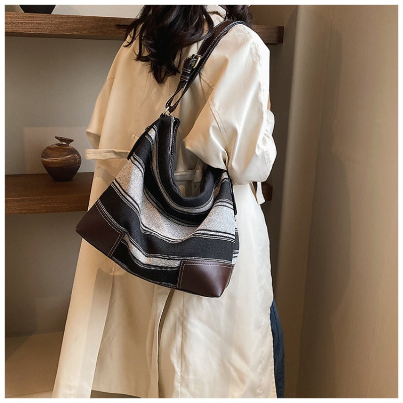 Wholesale Contrast Color Striped Canvas Bag Large Capacity Shoulder Bag Casual Crossbody Bag