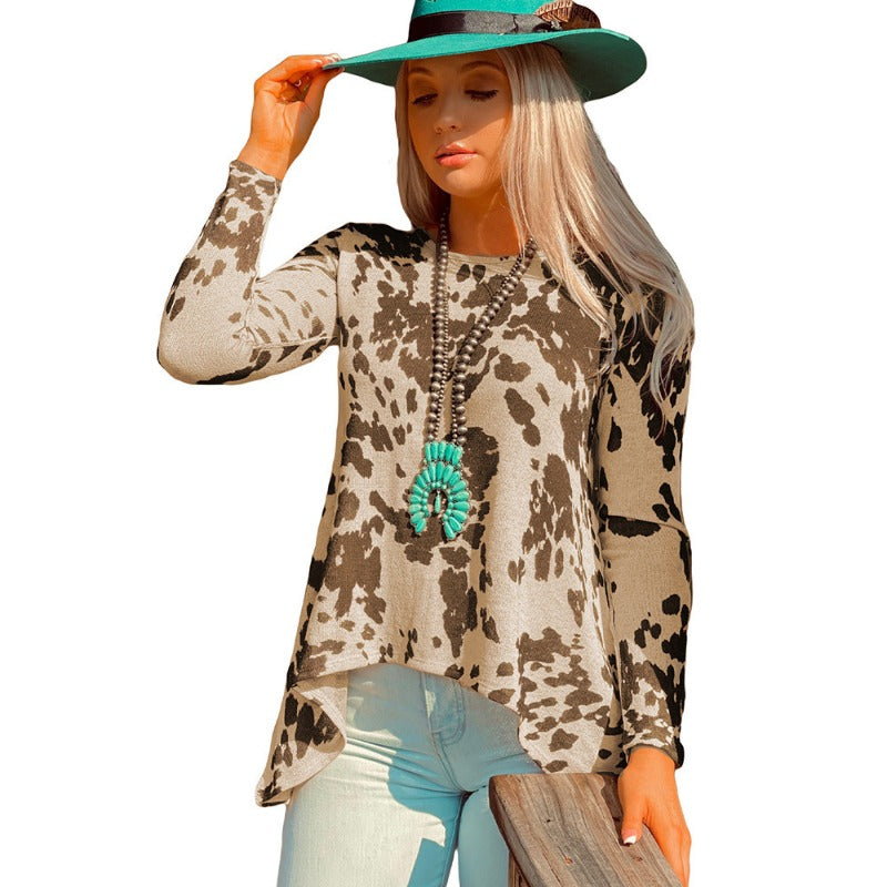 Wholesale Western Style Polyester Cow Print Long Sleeved Tops
