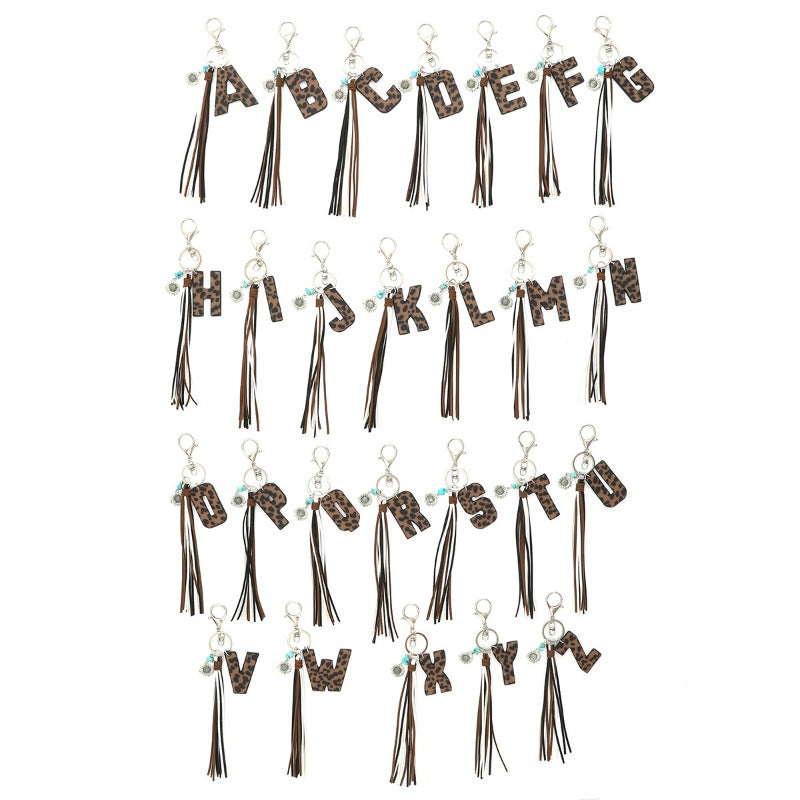 Wholesale Western Cowboy Style Leopard Oil Edge Leather Letter Tassel Keychains
