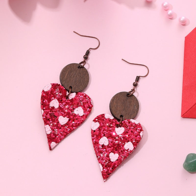 Wholesale Valentine's Day Sequin Particles, Heart-shaped Leather Wooden Block Earrings
