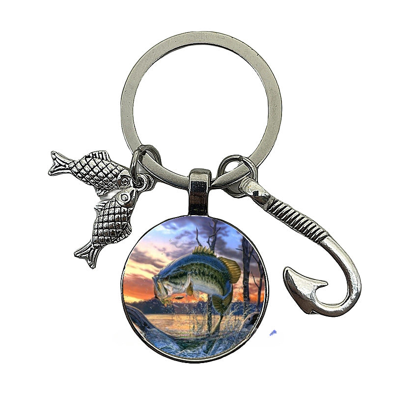 卸売釣り愛好家タイムジェムストーンフィッシュフックメタルキーホルダー