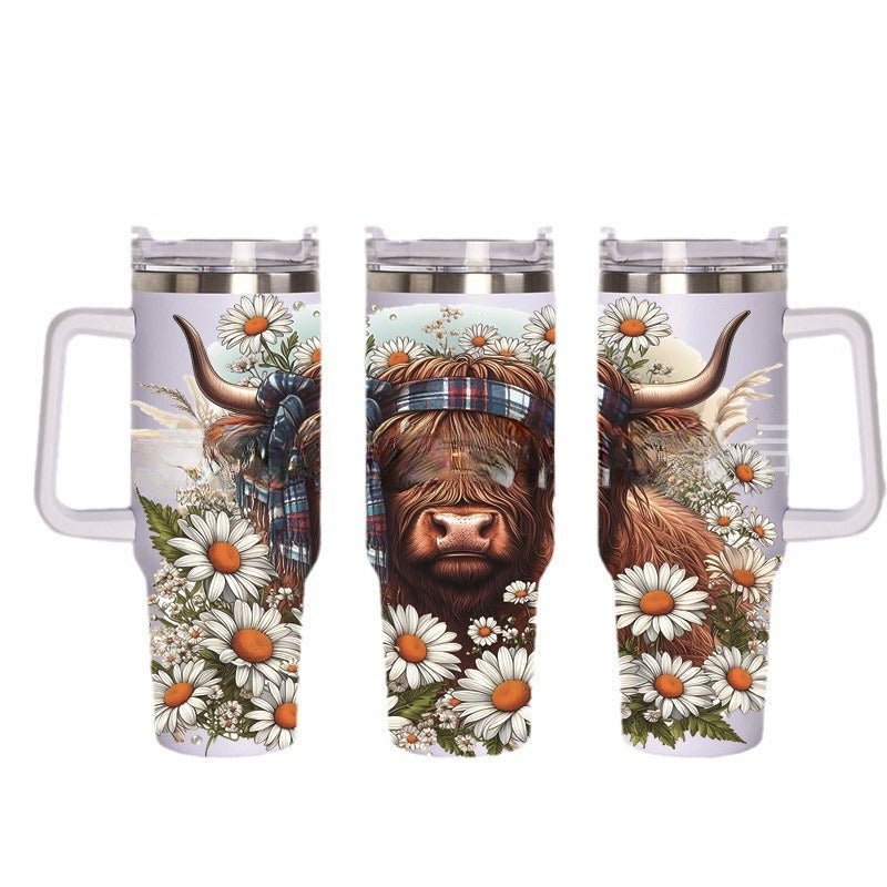 Wholesale Tumbler 40OZ Bull Head 3D Sunflower Car Cup Stainless Steel Straw Tumbler Ice Cup