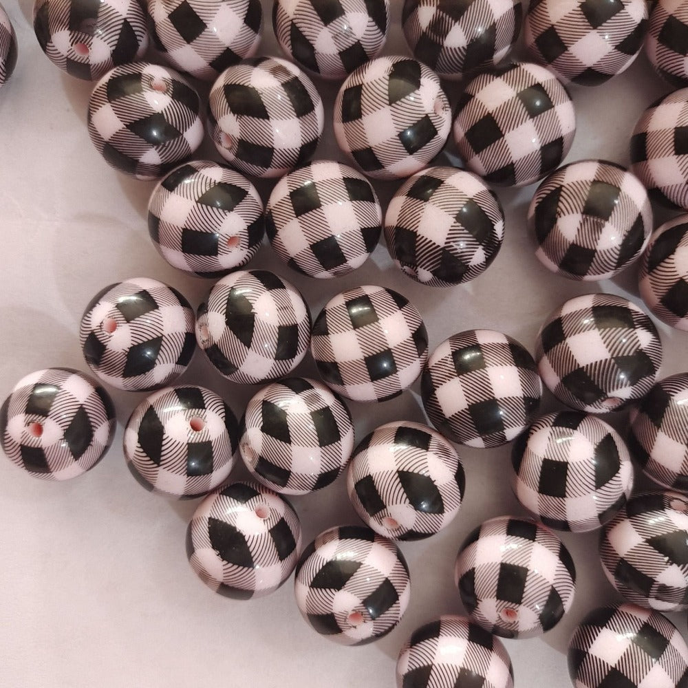 Wholesale 5pcs 20MM White Pink and Black Plaid Printed Beads