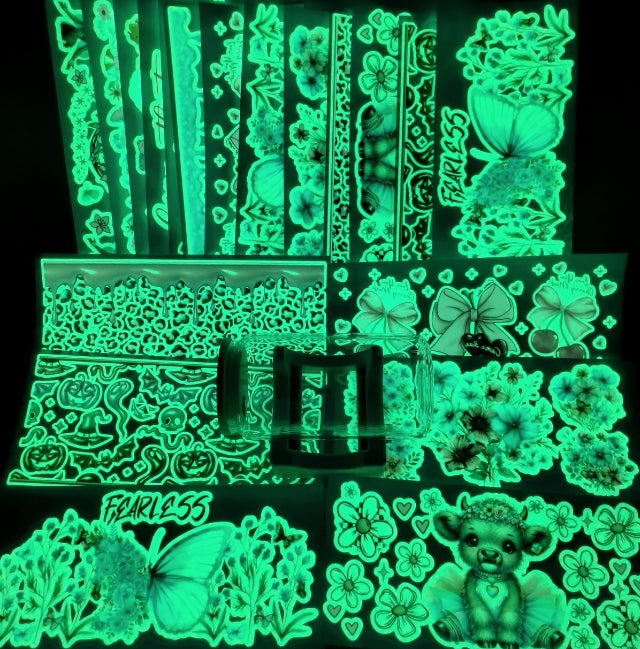 Wholesale Cartoon Random 15pcs Luminous 16oz Cup Stickers UV DTF Cup Wrap Transfer-Absorb Light First and Then Emit Light in The Dark for DIY Crafts Tumbler Decration