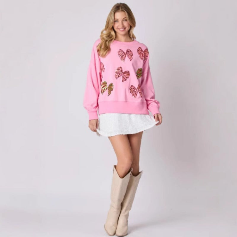Wholesale Autumn/Winter Christmas Bow Shining Round Neck Long Sleeve Casual Women Clothes