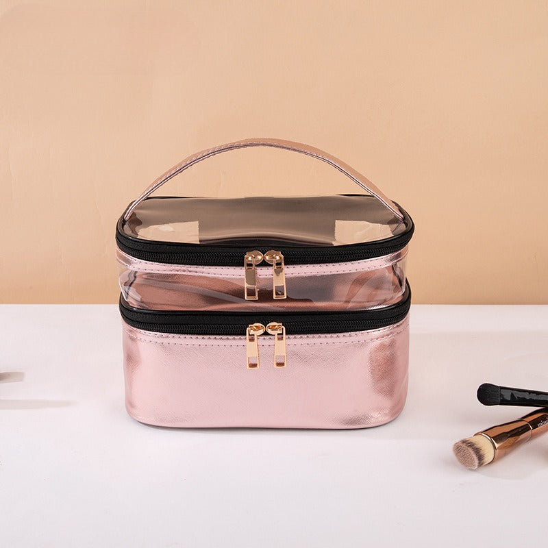 Wholesale PVC Transparent Double-layer Makeup Bag, Multifunctional Portable Waterproof Toiletries Bag, Storage Bag