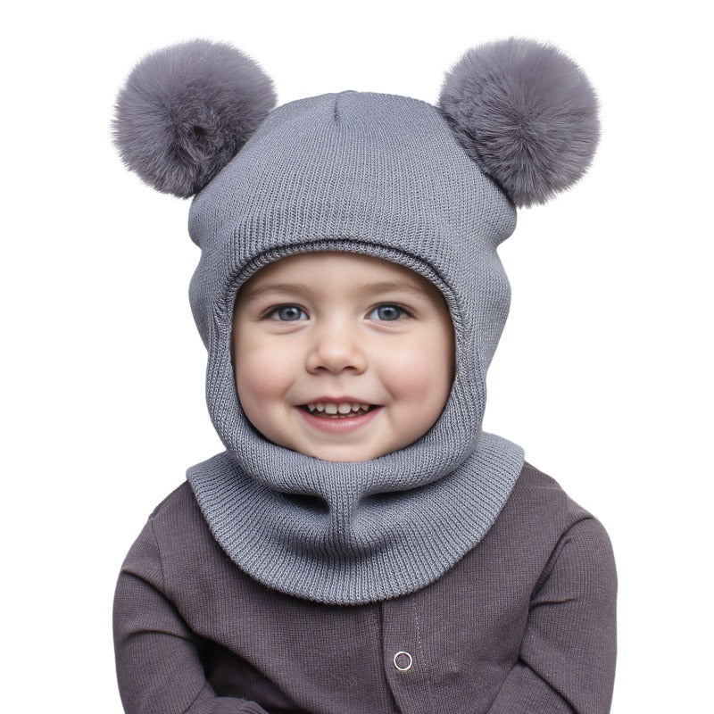 Wholesale Autumn and Winter Pullover Children's Double Ball Ear Protection One-piece Solid Color Cute Wool Knitted Hat