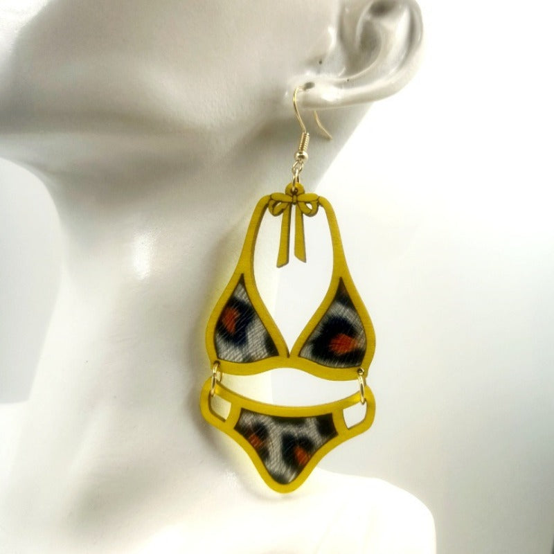 Wholesale Wood Cutting Hollow Double-layer Adhesive Leather Personalized and Fashionable Leopard Print Earrings