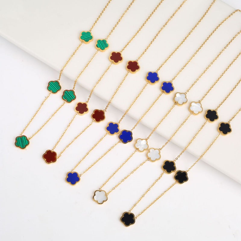 Wholesale Stainless Steel Plant Fritillaria Five Leaf Petal Bracelet Necklace Set