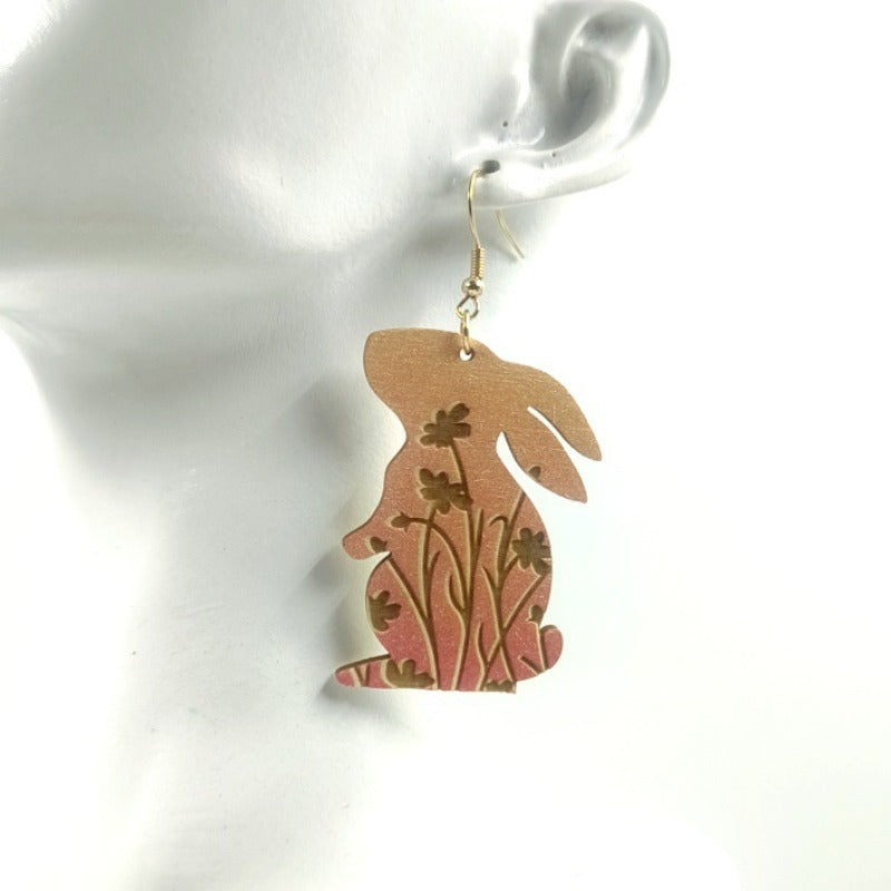 Wholesale Creative Rabbit Cutting Wood Carving Printing Gradient Earrings