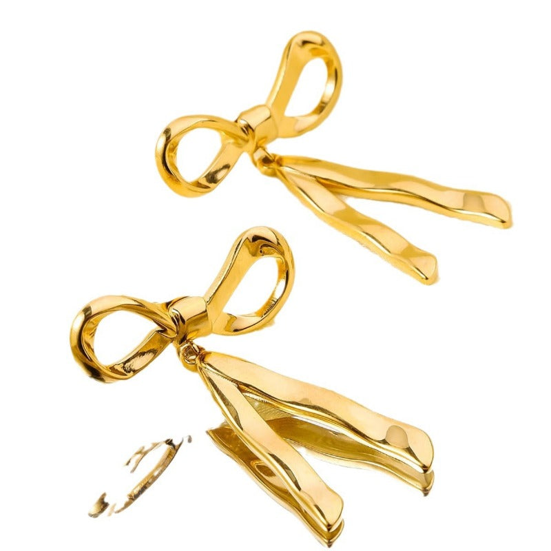 Wholesale Retro Mirror Three-dimensional Butterfly Bow Stainless Steel 18k Real Gold Titanium Steel Earrings